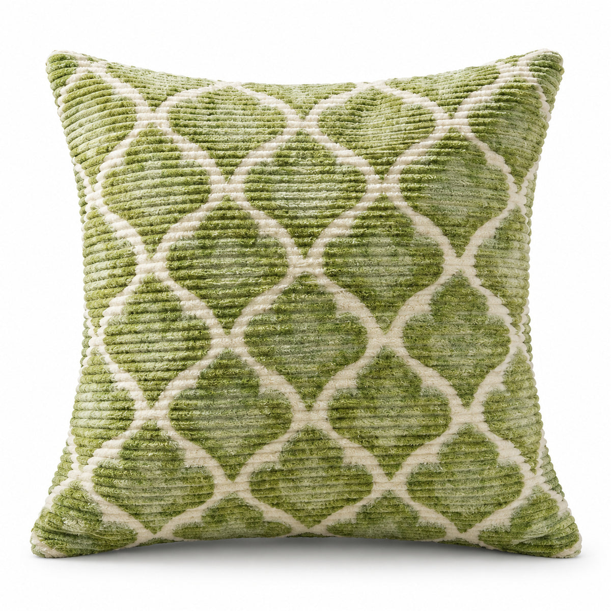 Olive green square cushion with bold repeating cream ogee lattice design