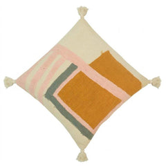 Modern Abstract Handwoven Cotton Cushion Cover with Tassels – 45x45 cm | Blush Pink & Mustard Geometric Design