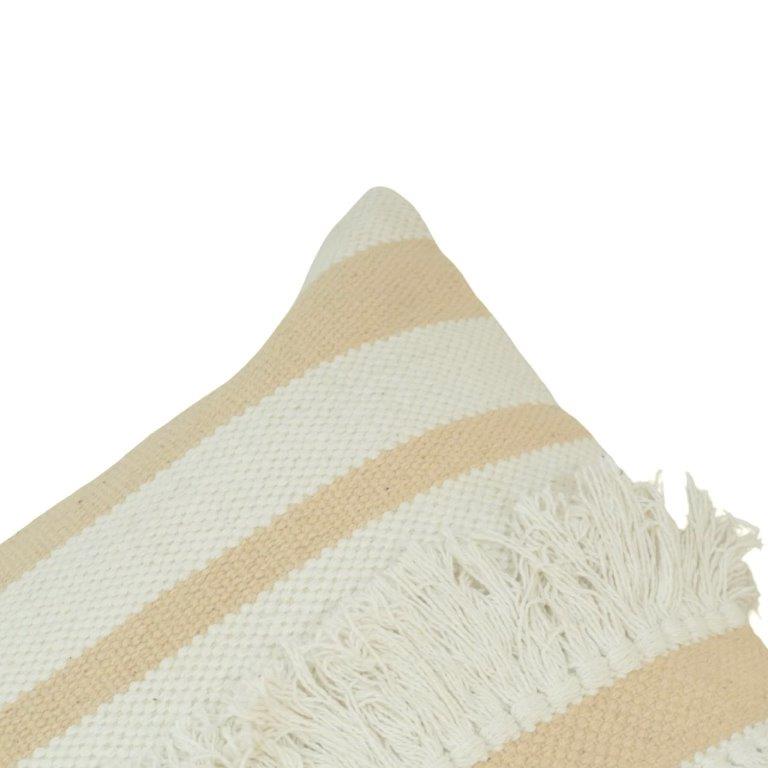 Handmade Cotton Striped Fringe Cushion Cover 45x45 cm | Boho Textured Throw Pillow Cover in Beige & Ivory - Bulk manufacturer & supplier from Panipat, India