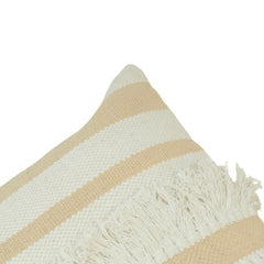 Handmade Cotton Striped Fringe Cushion Cover 45x45 cm | Boho Textured Throw Pillow Cover in Beige & Ivory