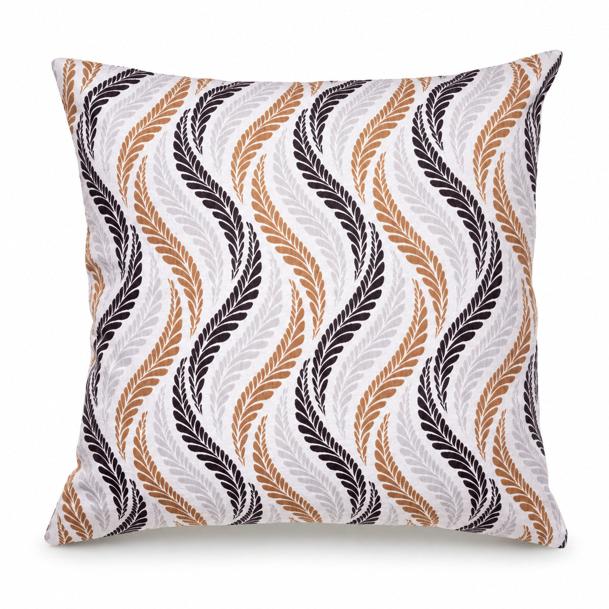 Ivory square cushion with flowing vertical wavy stripes in grey taupe mustard and brown
