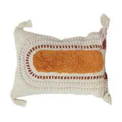 Decorative pillow with a central orange patch and white border on a white background