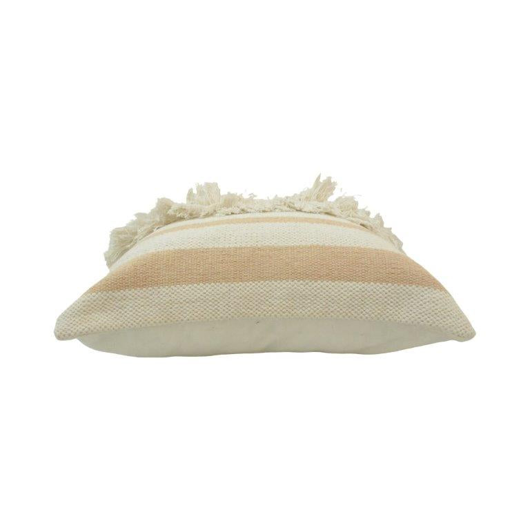 Handmade Cotton Striped Fringe Cushion Cover 45x45 cm | Boho Textured Throw Pillow Cover in Beige & Ivory