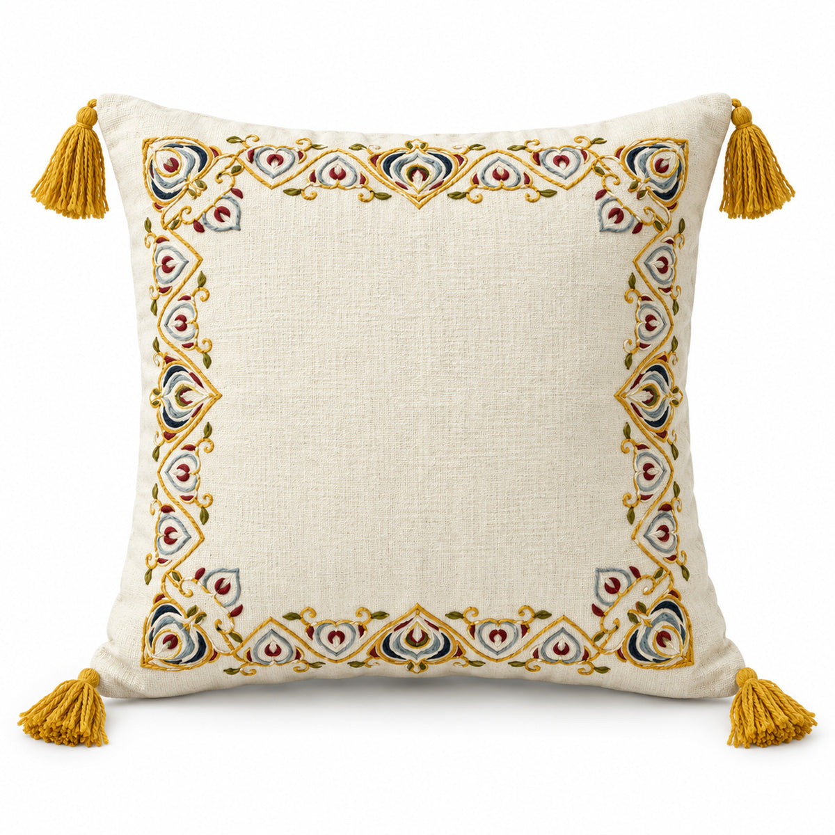 Ivory square cushion with delicate multicolor floral border and mustard gold tassels at corners