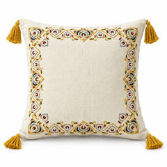 Ivory square cushion with delicate multicolor floral border and mustard gold tassels at corners