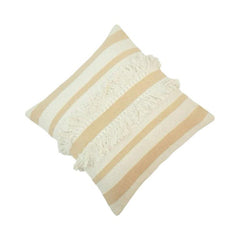 Handmade Cotton Striped Fringe Cushion Cover 45x45 cm | Boho Textured Throw Pillow Cover in Beige & Ivory