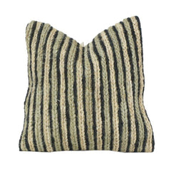 Handmade Jute Cotton Striped Cushion Cover | Black & Natural Textured Throw Pillow | 45x45 cm