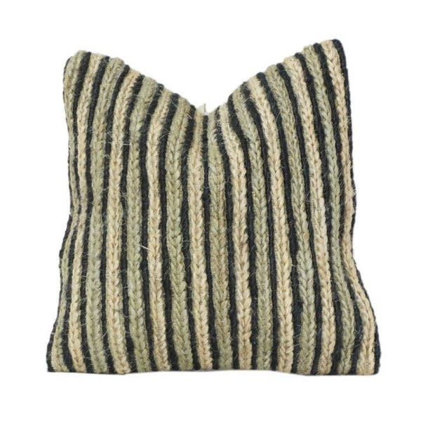 Handmade Jute Cotton Striped Cushion Cover | Black & Natural Textured Throw Pillow | 45x45 cm