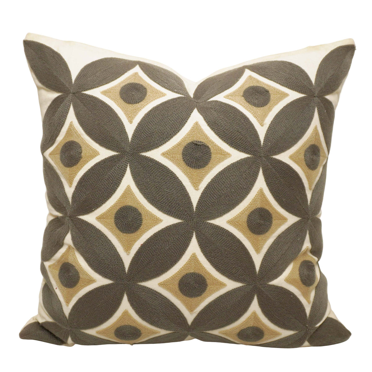 Embroidered Geometric Cotton Cushion Cover 45x45 cm | Modern Abstract Circle Pattern Decorative Throw Pillow Cover | Concealed Zip | Beige & Charcoal - Bulk manufacturer & supplier from Panipat, India