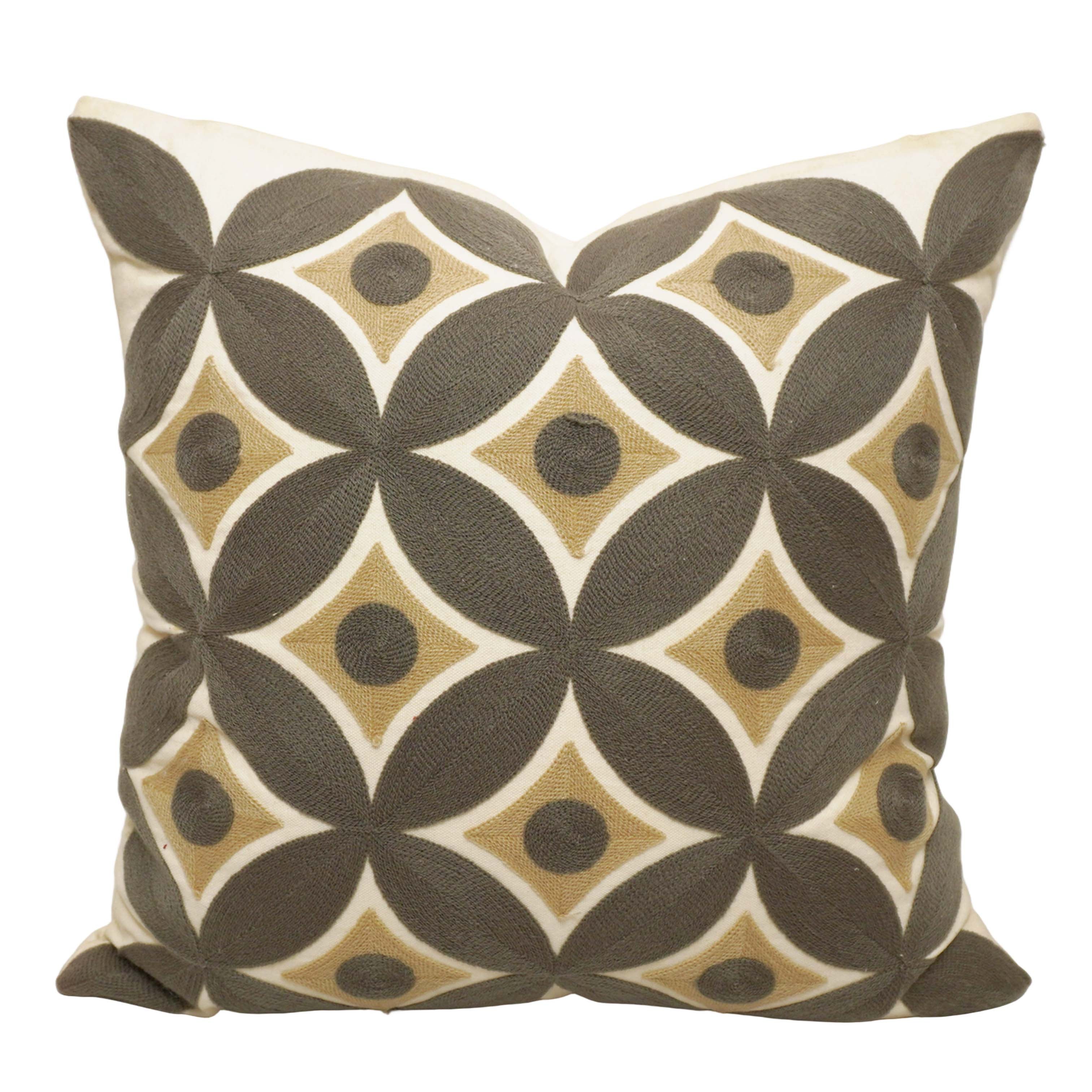Embroidered Geometric Cotton Cushion Cover 45x45 cm | Modern Abstract Circle Pattern Decorative Throw Pillow Cover | Concealed Zip | Beige & Charcoal