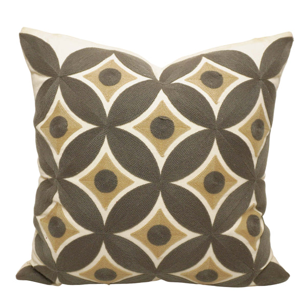 Embroidered Geometric Cotton Cushion Cover 45x45 cm | Modern Abstract Circle Pattern Decorative Throw Pillow Cover | Concealed Zip | Beige & Charcoal