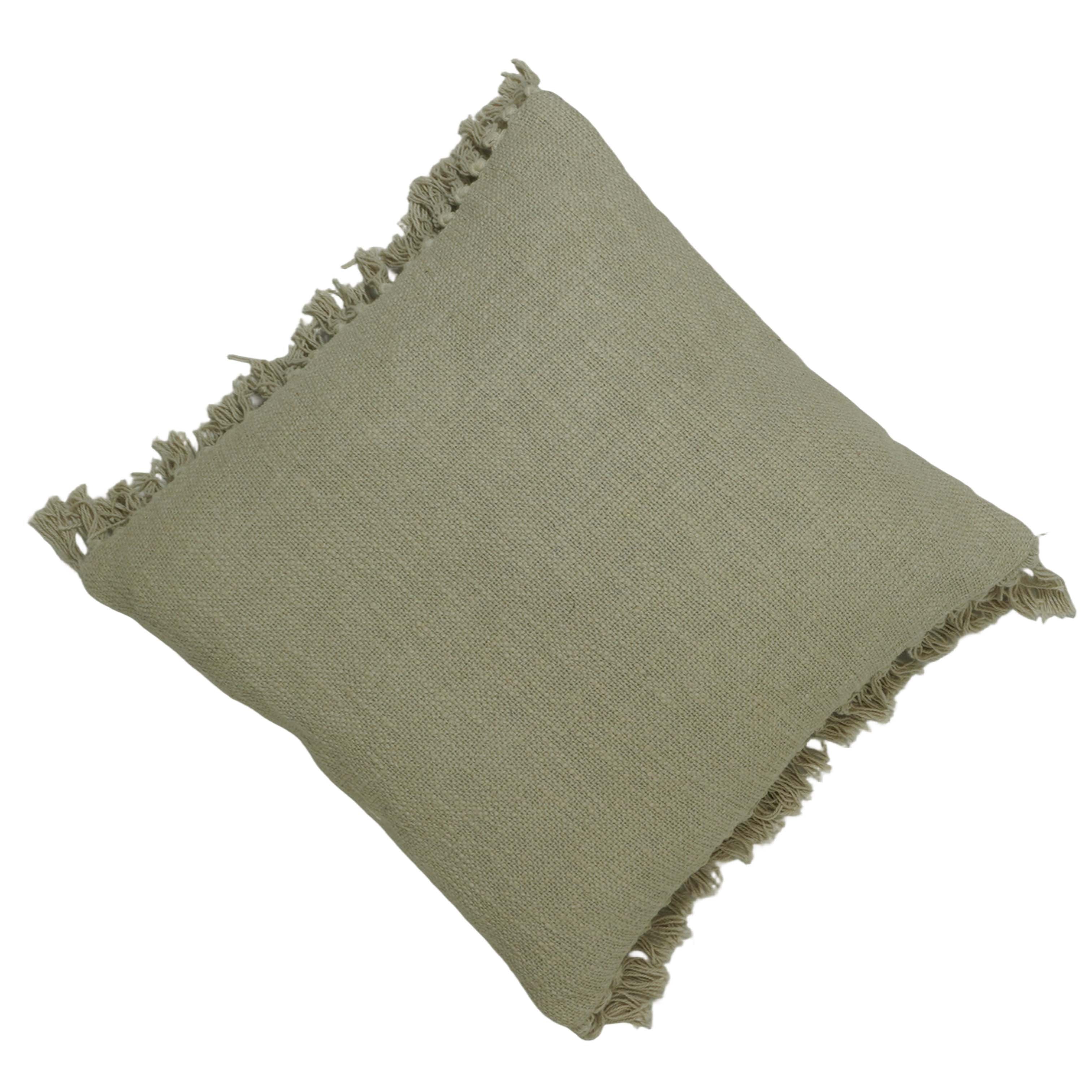 Handwoven Cotton Cushion Cover with Fringe Edges – Sage Green Textured Decorative Throw Pillow Cover | 45 x 45 cm (18 x 18 Inch)
