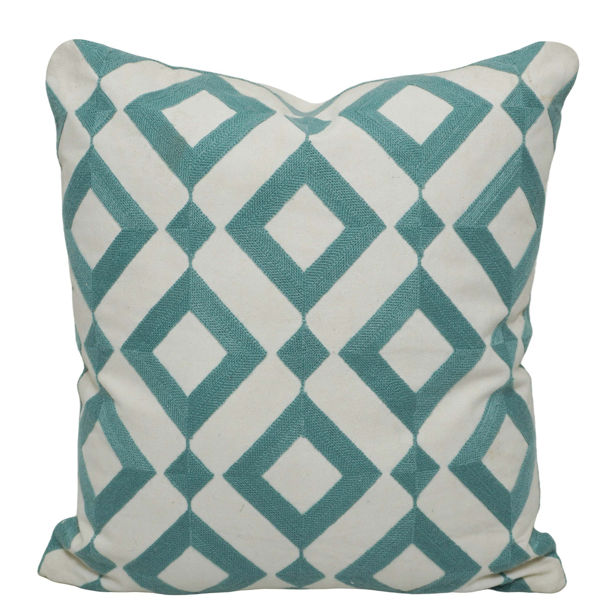 Geometric Embroidered Cotton Cushion Cover 45x45 cm | Aqua Blue & Ivory Decorative Throw Pillow Cover | Modern Diamond Pattern | Hidden Zip