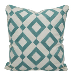 Geometric Embroidered Cotton Cushion Cover 45x45 cm | Aqua Blue & Ivory Decorative Throw Pillow Cover | Modern Diamond Pattern | Hidden Zip