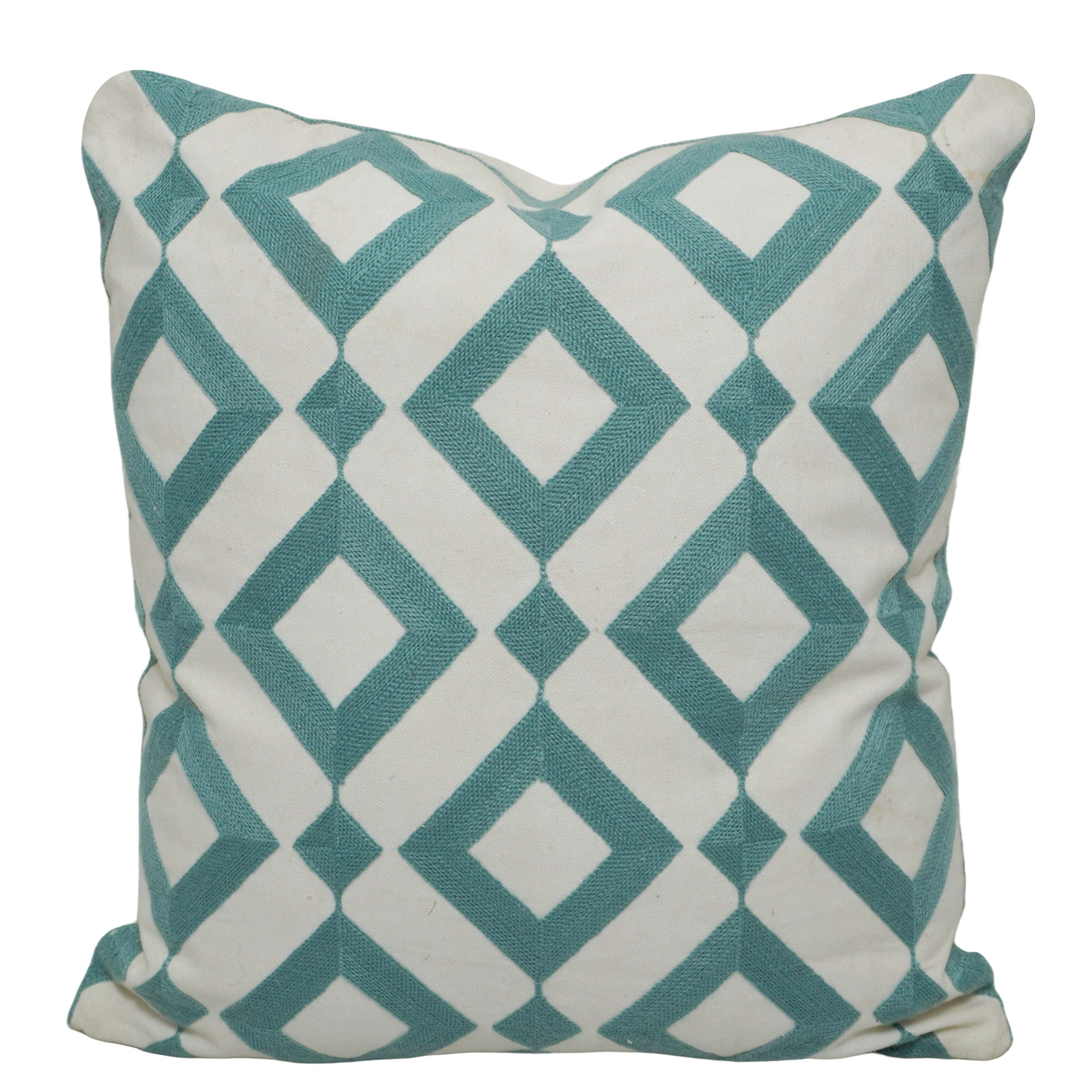 Geometric Embroidered Cotton Cushion Cover 45x45 cm | Aqua Blue & Ivory Decorative Throw Pillow Cover | Modern Diamond Pattern | Hidden Zip