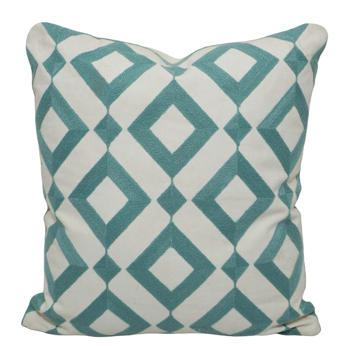 Geometric Embroidered Cotton Cushion Cover 45x45 cm | Aqua Blue & Ivory Decorative Throw Pillow Cover | Modern Diamond Pattern | Hidden Zip