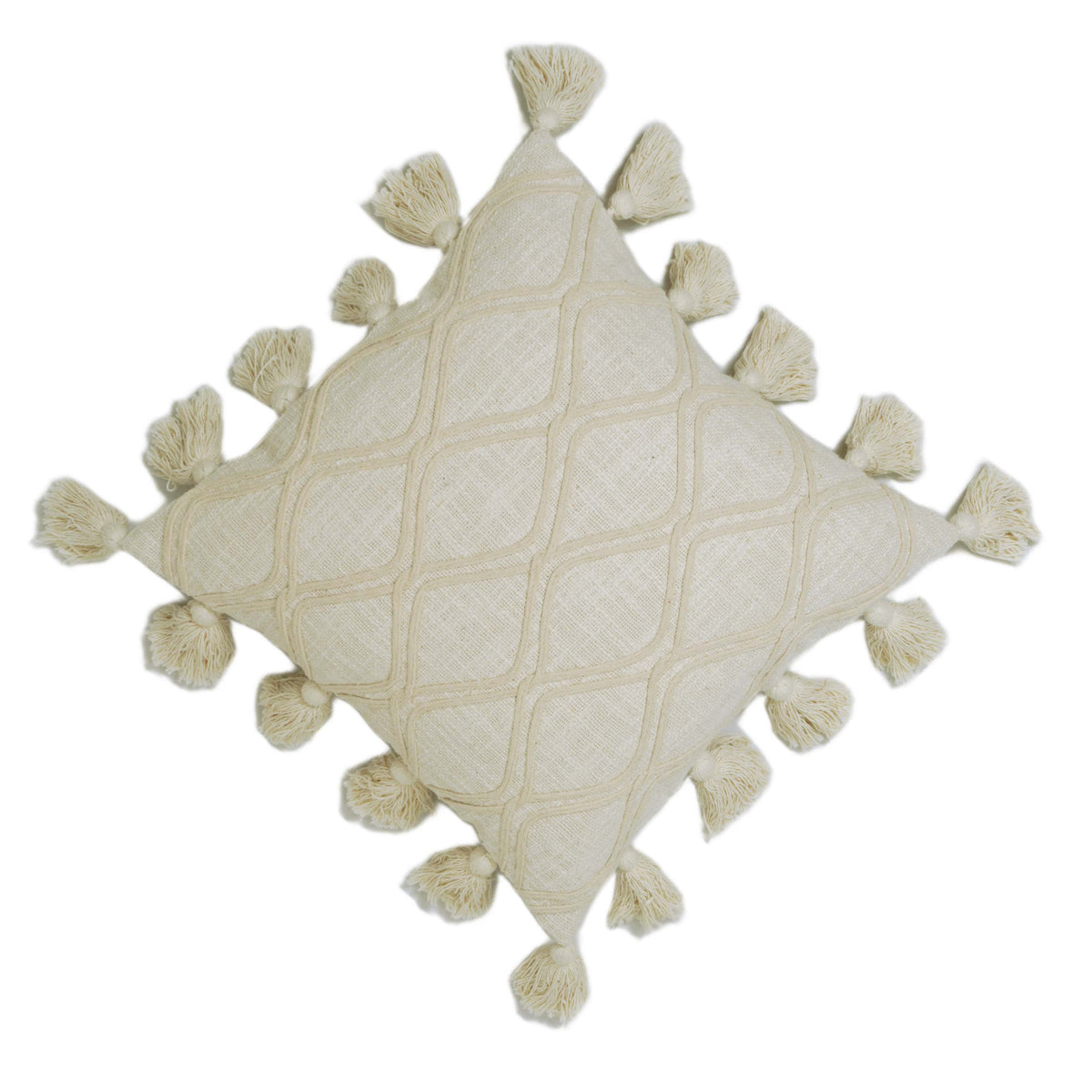 Textured diamond pattern handcrafted cotton cushion cover with tassels 45x45 cm