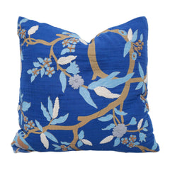 Handcrafted Printed & Embroidered Cotton Cushion Cover 45x45 cm | Blue Floral Botanical Design | Decorative Throw Pillow Cover with Hidden Zipper
