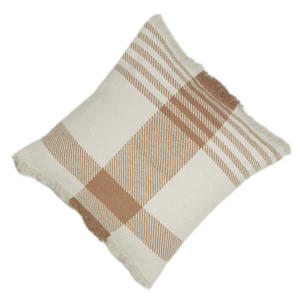 Handwoven Beige & Ivory Checkered Cushion Cover with Fringe – 45 x 45 cm