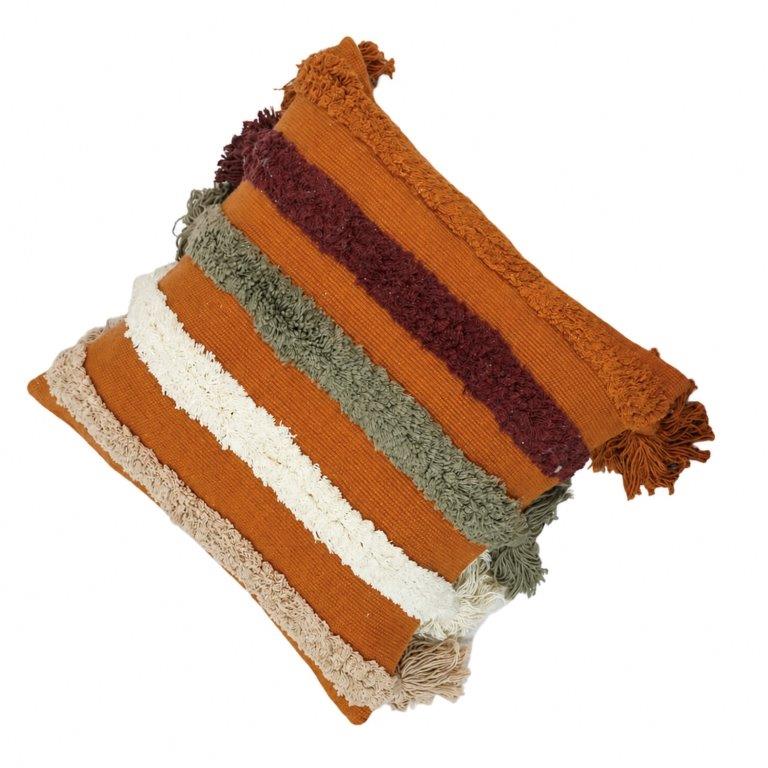 Boho Tufted Striped Cotton Cushion Cover with Tassels – 45x45 cm | Textured Handmade Decorative Pillow Cover - Bulk manufacturer & supplier from Panipat, India