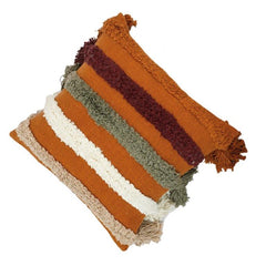 Boho Tufted Striped Cotton Cushion Cover with Tassels – 45x45 cm | Textured Handmade Decorative Pillow Cover