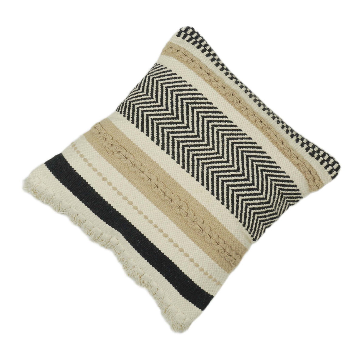Handwoven Cotton Cushion Cover 45x45 cm – Beige & Black Geometric Chevron Textured Cushion Cover