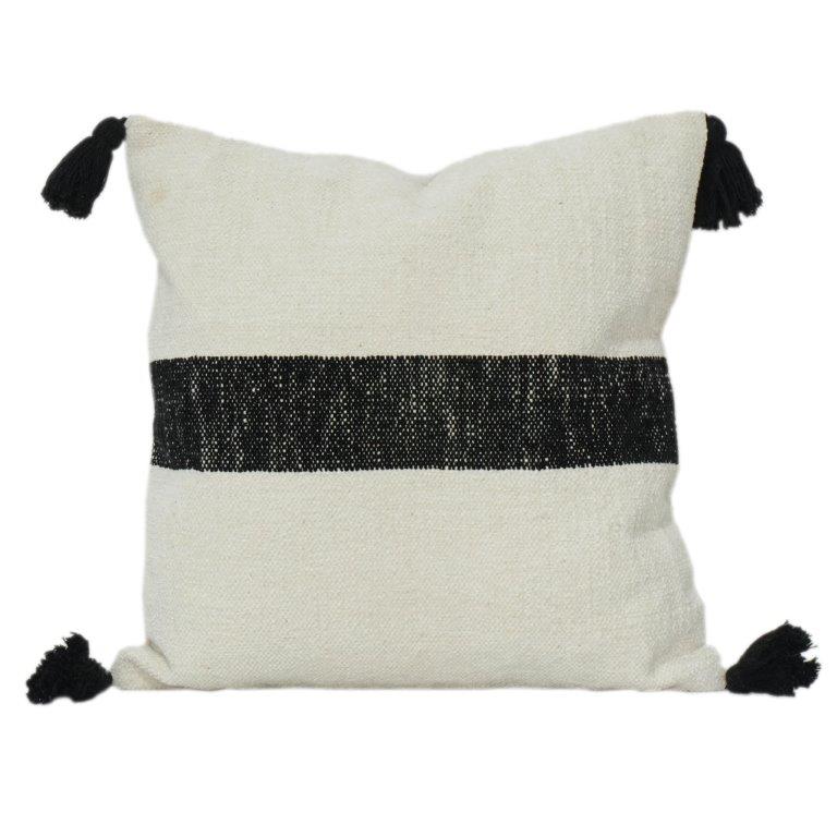 Handwoven Cotton Cushion Cover 45x45 cm | Minimal Black Stripe Design with Tassels | Boho Modern Decor Pillow