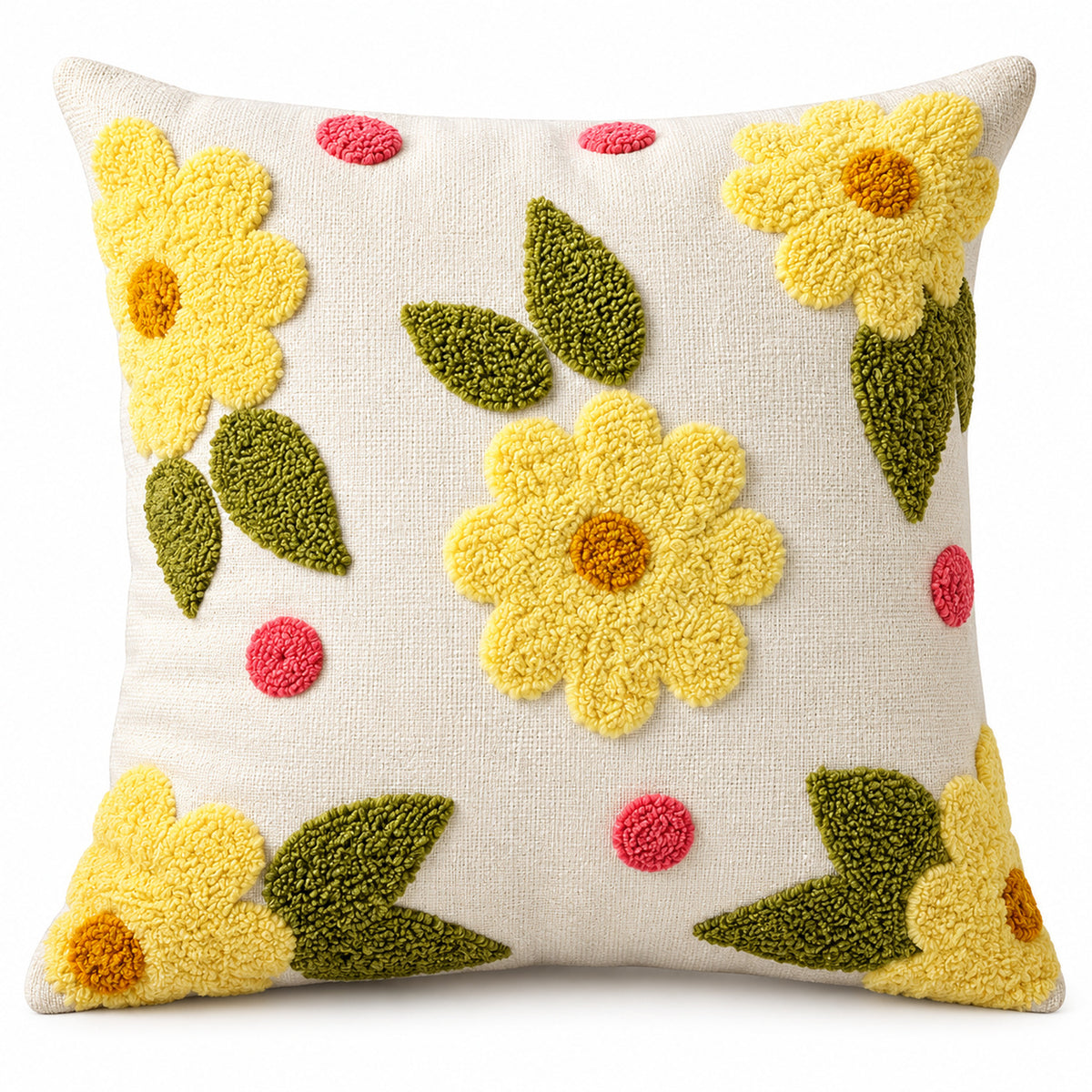 Cream square cushion with bright yellow flower motifs green leaves and raised looking floral texture
