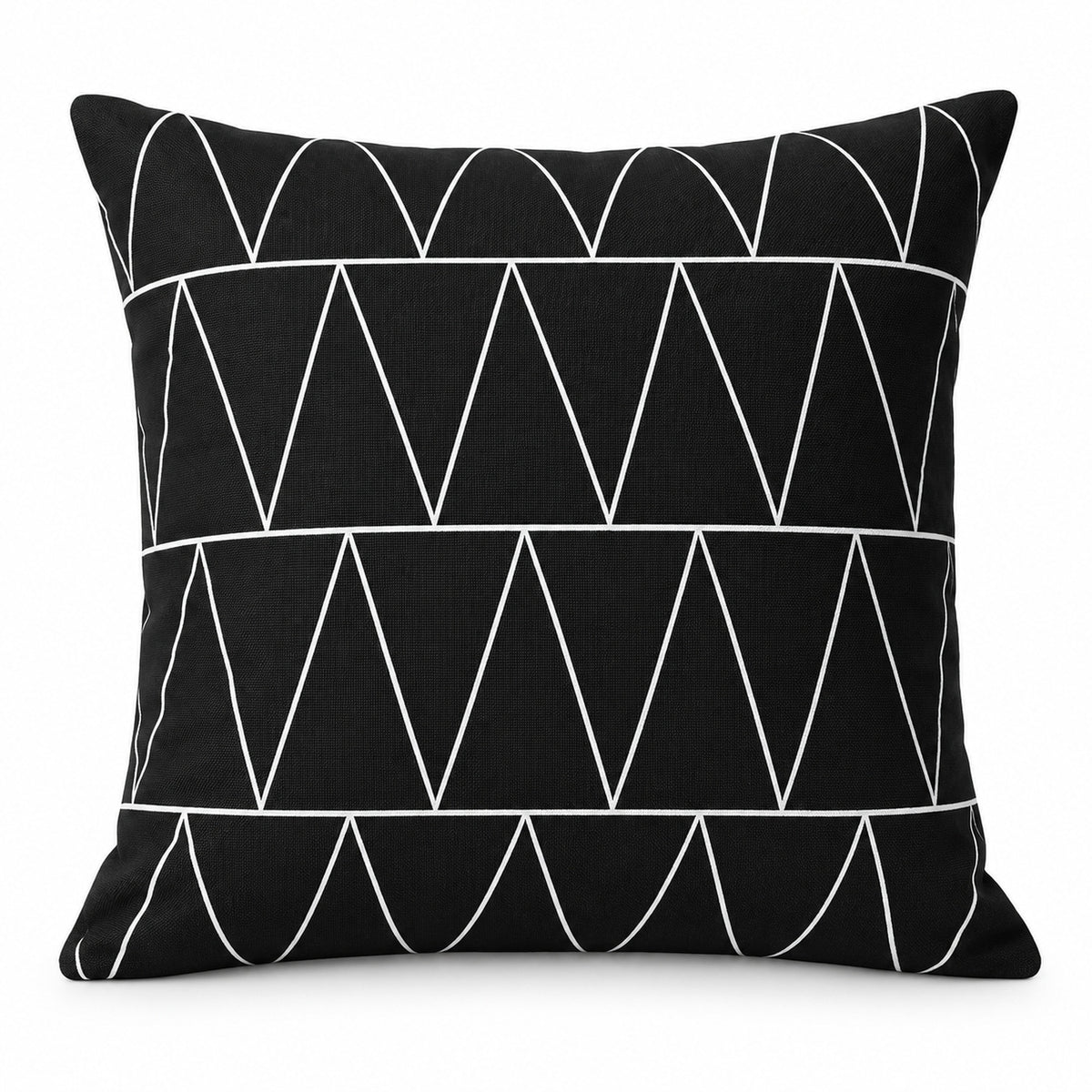 Black square cushion with white fine-line abstract triangles and connected geometric line pattern