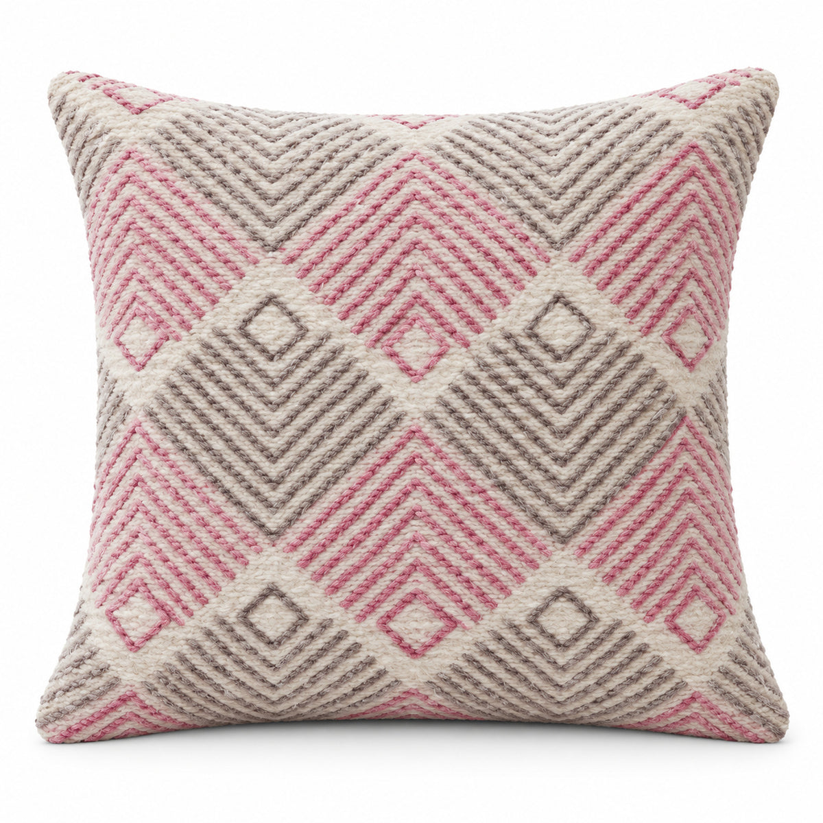 Ivory square cushion with dusty pink and grey repeating diamond motifs