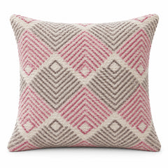 Ivory square cushion with dusty pink and grey repeating diamond motifs