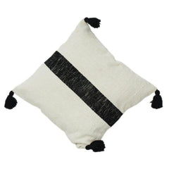 Housse de coussin en coton tissé à la main 45x45 cm | Motif rayures noires minimalistes avec pompons | Oreiller décoratif bohème moderne