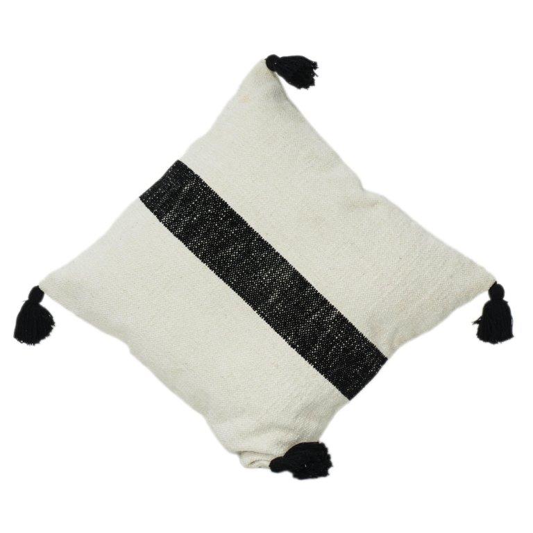 Handwoven Cotton Cushion Cover 45x45 cm | Minimal Black Stripe Design with Tassels | Boho Modern Decor Pillow