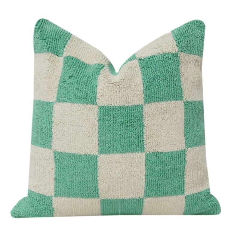 Green & Ivory Checkerboard Tufted Cotton Cushion Cover | Textured Knit Accent Pillow | Modern Minimal Décor | 18x18 Inch - Bulk manufacturer & supplier from Panipat, India
