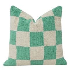 Green & Ivory Checkerboard Tufted Cotton Cushion Cover | Textured Knit Accent Pillow | Modern Minimal Décor | 18x18 Inch