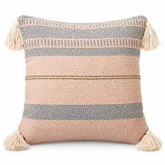 Square cushion with horizontal blush beige grey and cream stripes and corner tassels