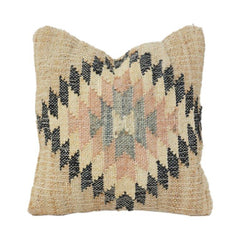 Handmade Jute Cushion Cover 45x45 cm | Tribal Kilim Pattern Decorative Pillow Cover | Boho Rustic Cushion Case