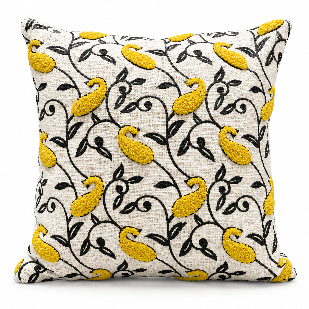 Ivory square cushion with yellow birds dark branching vines and small botanical flowers