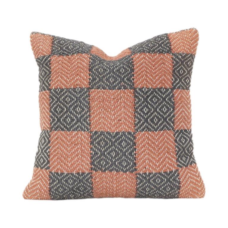 Woven Cotton Checkered Cushion Cover 45x45 cm | Textured Geometric Pattern in Rust & Charcoal - Bulk manufacturer & supplier from Panipat, India