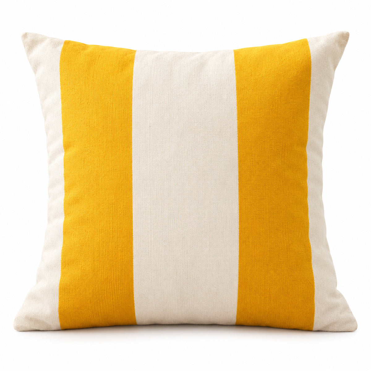 Square cushion with bold mustard yellow and ivory wide vertical stripes