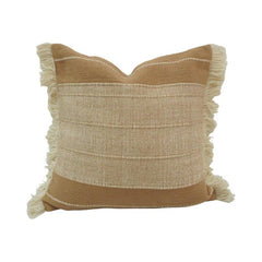 Handmade Cotton Cushion Cover with Fringe Border – Beige Textured Pillow Cover 45x45 cm