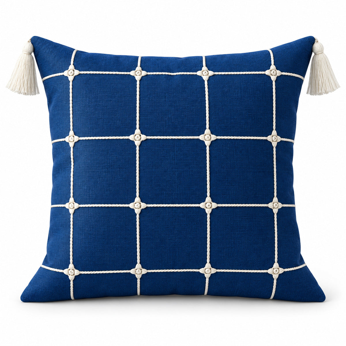 Navy blue square cushion with regular white windowpane grid and ivory corner tassels