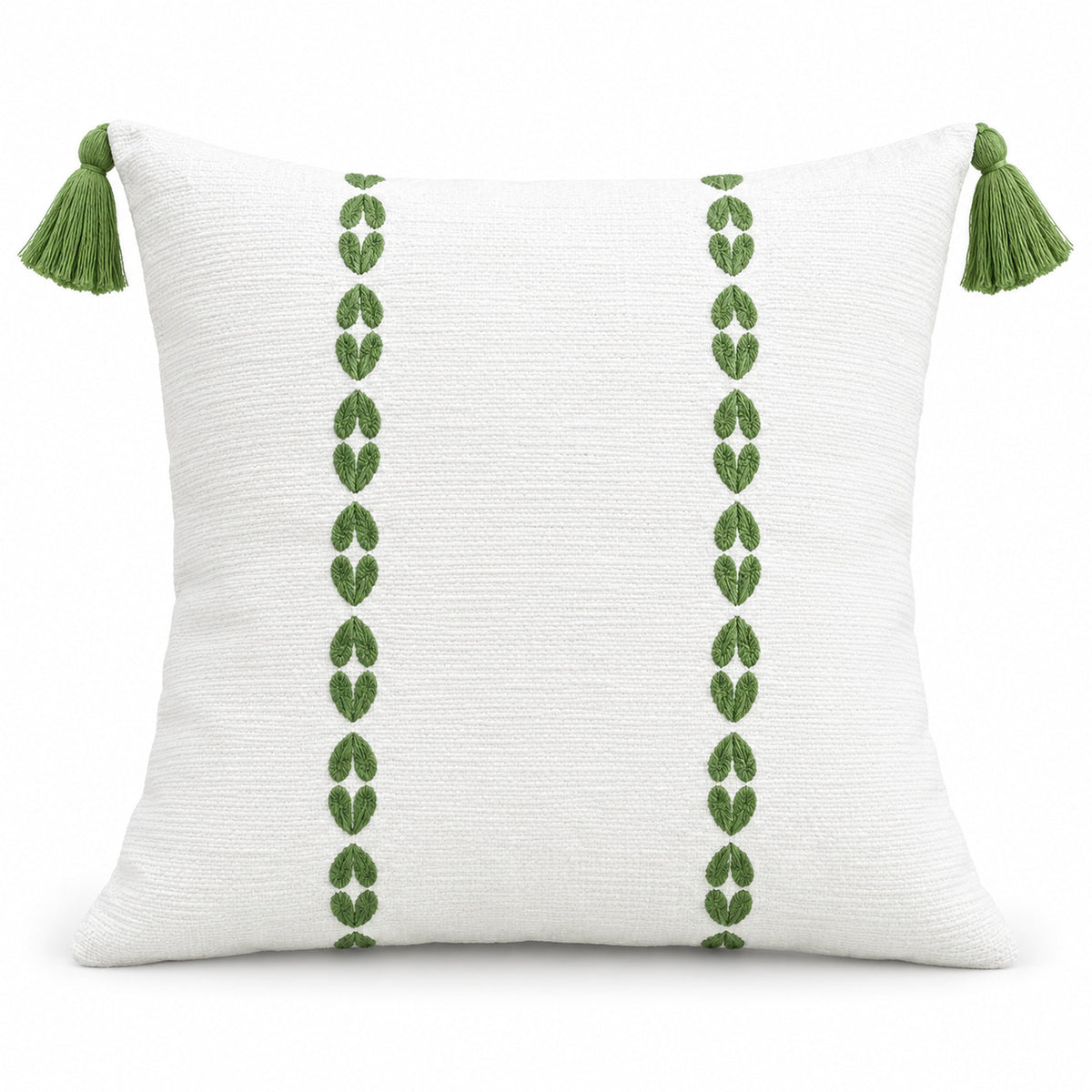 Ivory square cushion with two vertical rows of olive green tribal-style motifs and green corner tassels