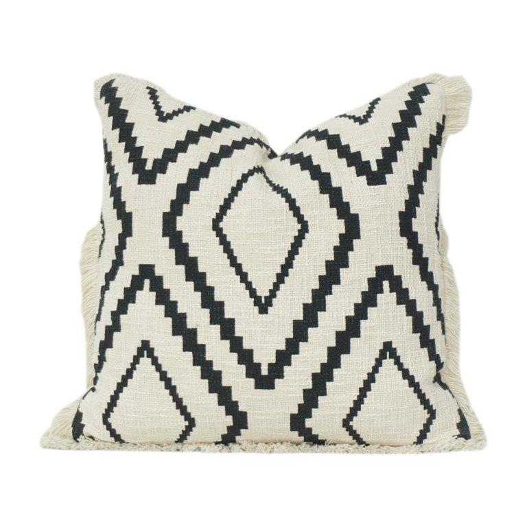 Black & White Geometric Printed Cotton Cushion Cover with Fringe | 45x45 cm