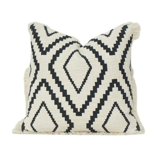 Black & White Geometric Printed Cotton Cushion Cover with Fringe | 45x45 cm