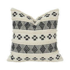 Handwoven Black & Ivory Geometric Cotton Cushion Cover | Textured Boho Tribal Pillow Case | 18x18 Inch