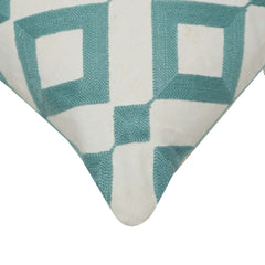 Geometric Embroidered Cotton Cushion Cover 45x45 cm | Aqua Blue & Ivory Decorative Throw Pillow Cover | Modern Diamond Pattern | Hidden Zip