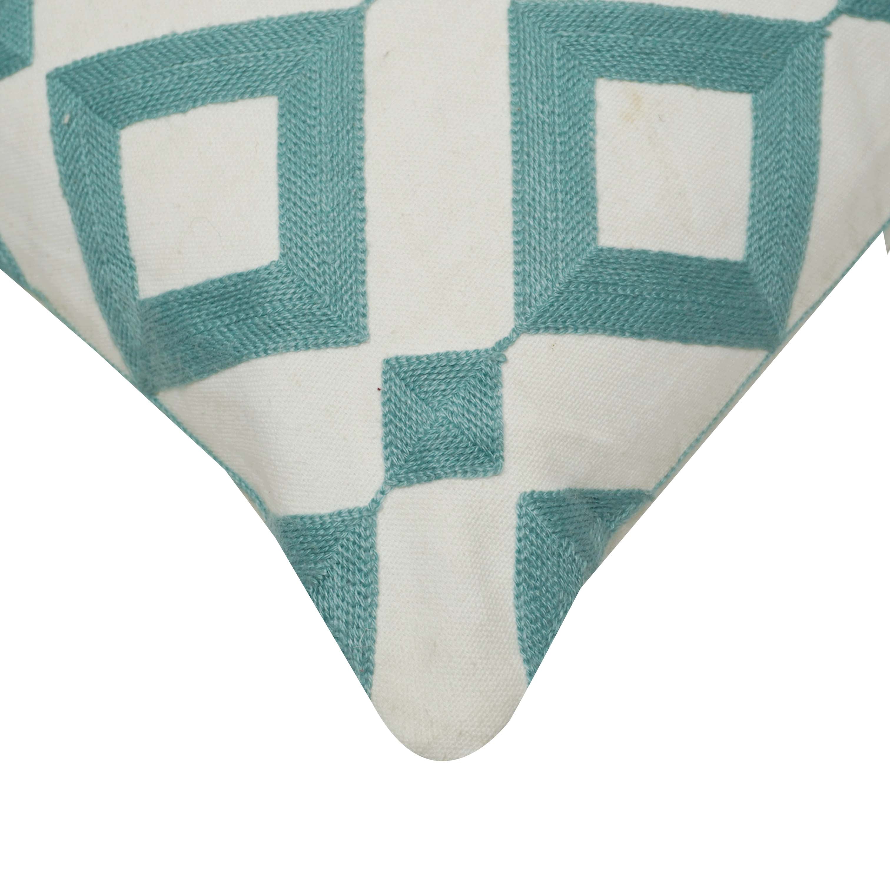 Geometric Embroidered Cotton Cushion Cover 45x45 cm | Aqua Blue & Ivory Decorative Throw Pillow Cover | Modern Diamond Pattern | Hidden Zip