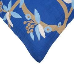 Handcrafted Printed & Embroidered Cotton Cushion Cover 45x45 cm | Blue Floral Botanical Design | Decorative Throw Pillow Cover with Hidden Zipper