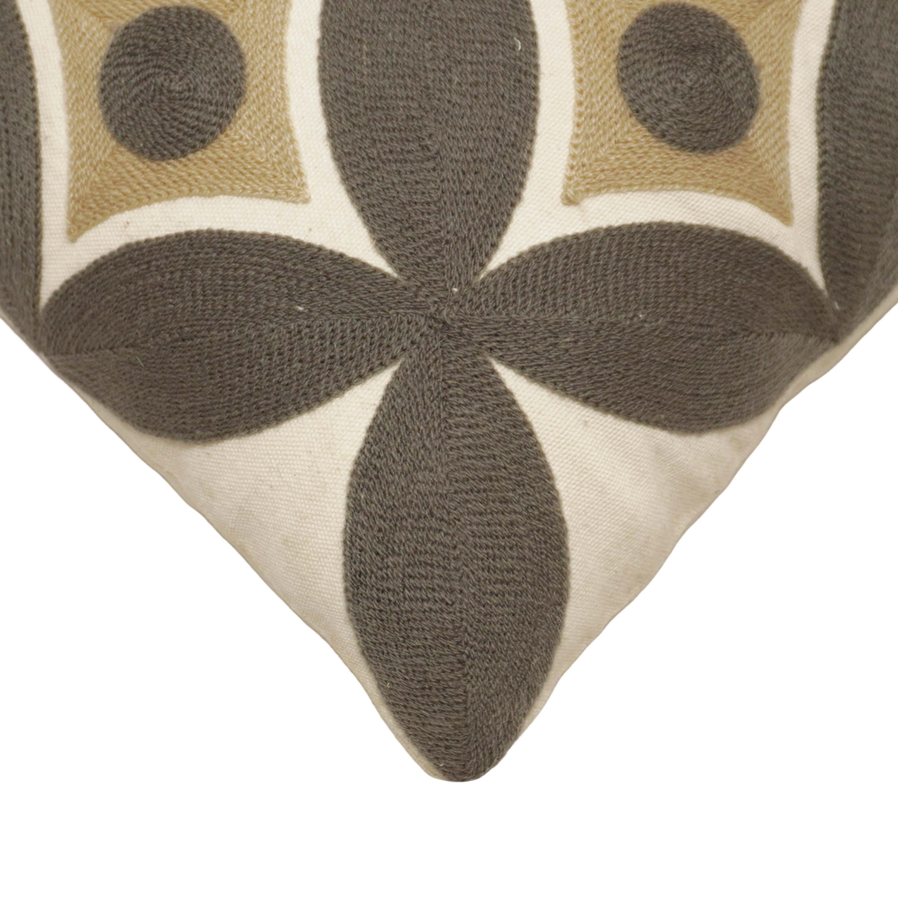 Embroidered Geometric Cotton Cushion Cover 45x45 cm | Modern Abstract Circle Pattern Decorative Throw Pillow Cover | Concealed Zip | Beige & Charcoal